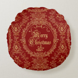 Ornate Classic Vintage Red Gold Merry Christmas  Rund Kudde