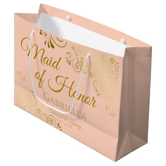 Ornate Coral Peach & Guld Maid of honor Bröllop (Framsidan Vinklad)