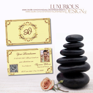 Ornate Cream Beige Guld Monogram Photo QR-kod Visitkort