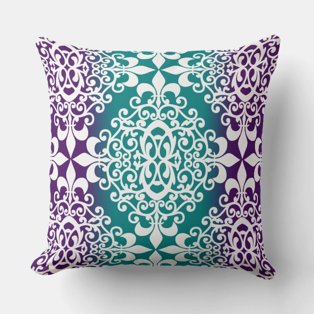 Ornate Damask Lila and Teal Ombre Kudde (Framsida)