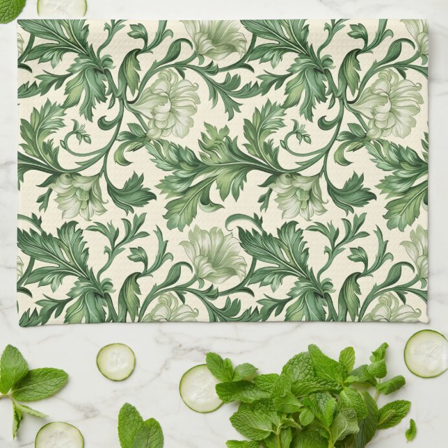 Ornate dark green acanthus leaves pattern kökshandduk (Vikta)