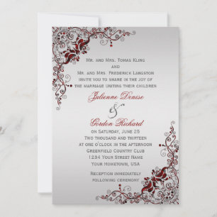 Ornate Deep Red och Silver Blommigt Swirls Bröllop Inbjudningar