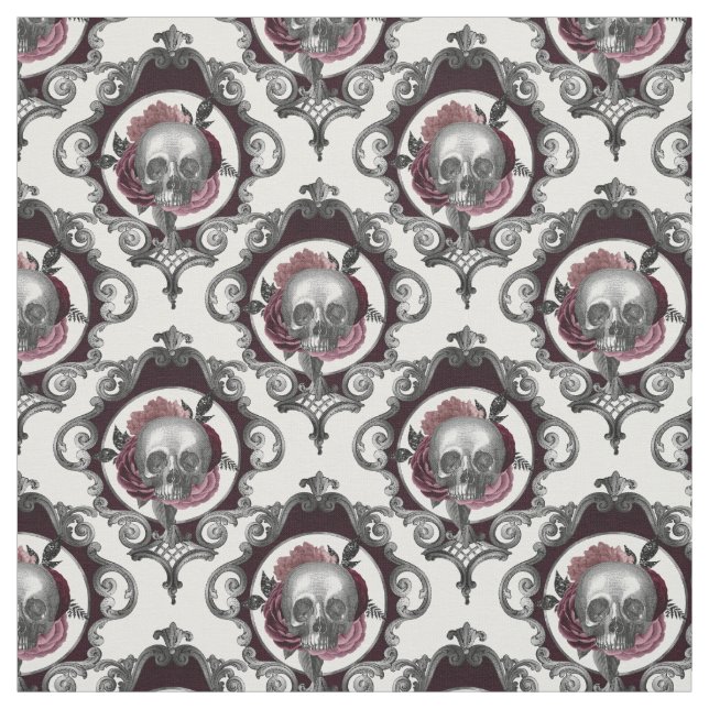 Ornate Döskallars and Flowers on White Tyg (Provkarta)