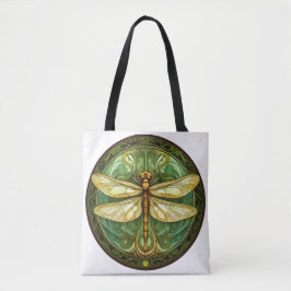 Ornate Dragonfly med Grönt Blommigt Ram Tote Bag Tygkasse