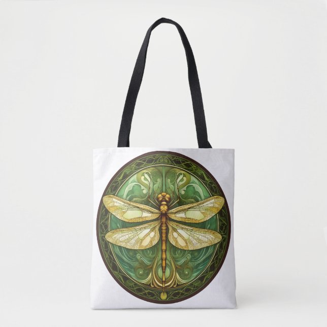 Ornate Dragonfly med Grönt Blommigt Ram Tote Bag Tygkasse (Framsida)