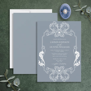 Ornate Dusty Blue Blommigt Line Art Monogram Bröll Inbjudningar