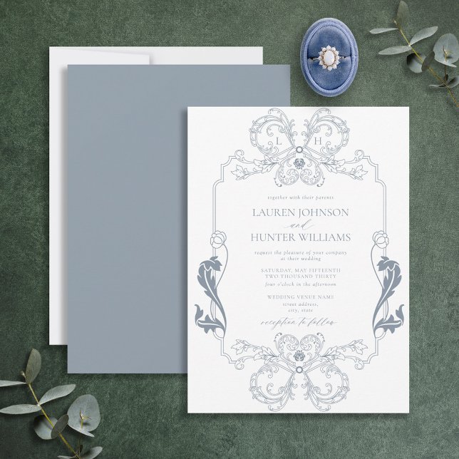 Ornate Dusty Blue Blommigt Line Art Monogram Invit Inbjudningar (Skapare uppladdad)