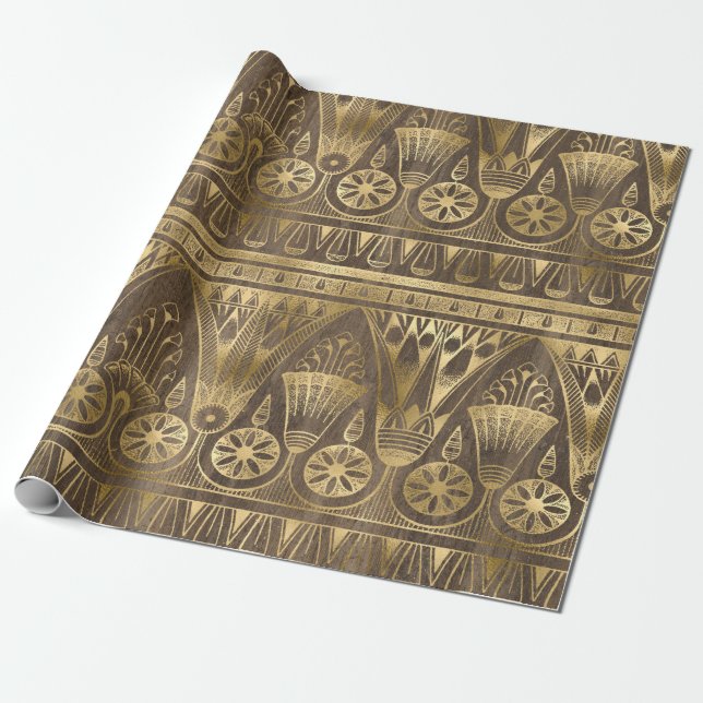 Ornate Egyptian Blommigt och Geometric Guld Mönste Presentpapper (Utrullad)