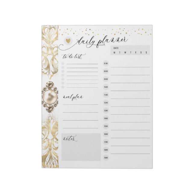 Ornate Elegance | Guld Pearl Jewel Daily Planner Anteckningsblock (Roterad)