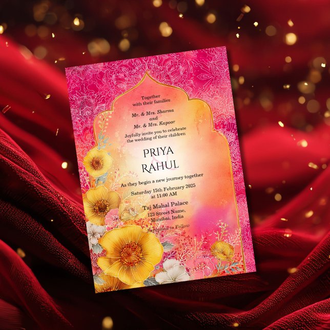 Ornate Elegant Colorful Floral Indian Wedding Inbjudningar (colorful indian arch with flowers, wedding invitation)