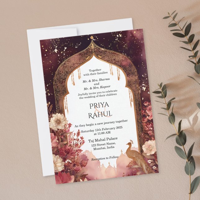 Ornate Elegant Gold Floral Indian Arch Wedding Inbjudningar (maroon and gold floral indian arch wedding invitation)