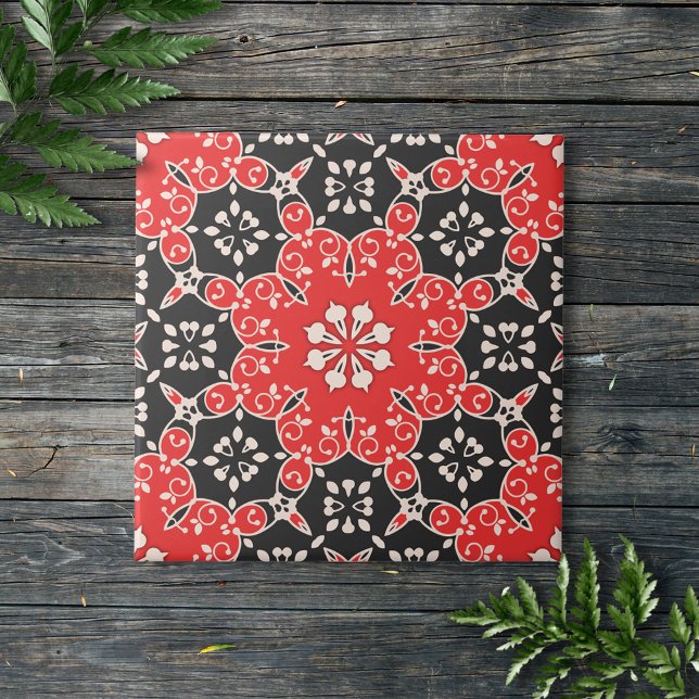 Ornate Elegant Lacy Mosaic Red Black and White Kakelplatta (Skapare uppladdad)