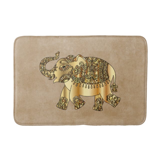 Ornate Faux Guld Elephant och Brown Bath Mat Badrumsmatta (Framsidan)