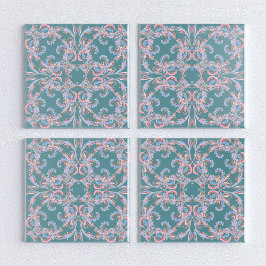 Ornate Floral Filigree Tile in Teal Blue Kakelplatta