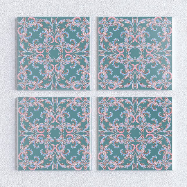 Ornate Floral Filigree Tile in Teal Blue Kakelplatta (Skapare uppladdad)
