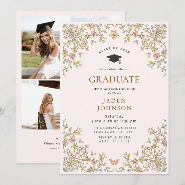 Ornate Floral Grace Boho 4 Photo Graduation Party Inbjudningar (Fram/baksida)