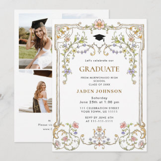 Ornate Floral Grace Boho 4 Photo Graduation Party Inbjudningar