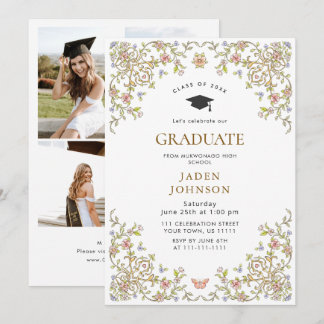 Ornate Floral Grace Boho 4 Photo Graduation Party Inbjudningar