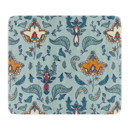 Ornate floral pattern on a pale blue background