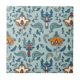 Ornate floral pattern on a pale blue background kakelplatta
