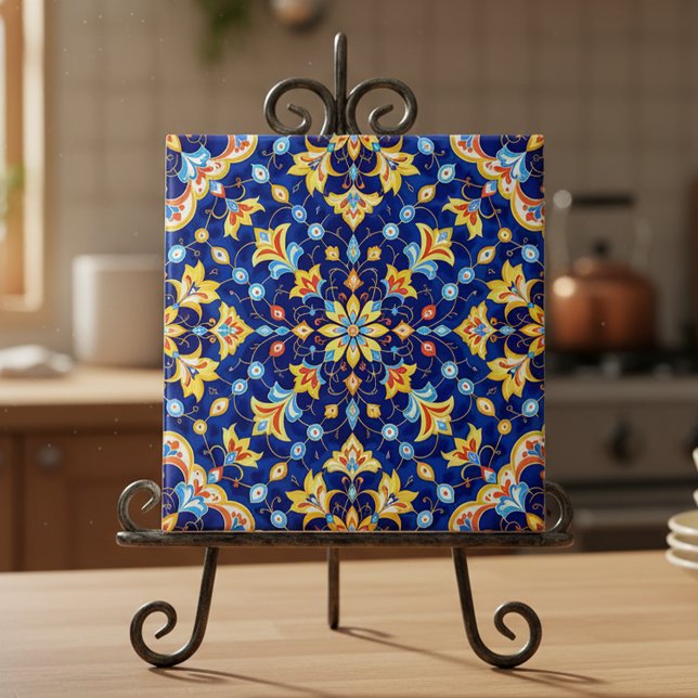 Ornate Floral Vibrant Blue Gold Mediterranean Kakelplatta (Skapare uppladdad)