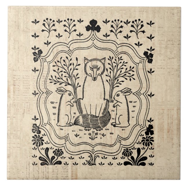 Ornate Fox och Bunny Rabbits Cute Animal Art Kakelplatta (Framsidan)