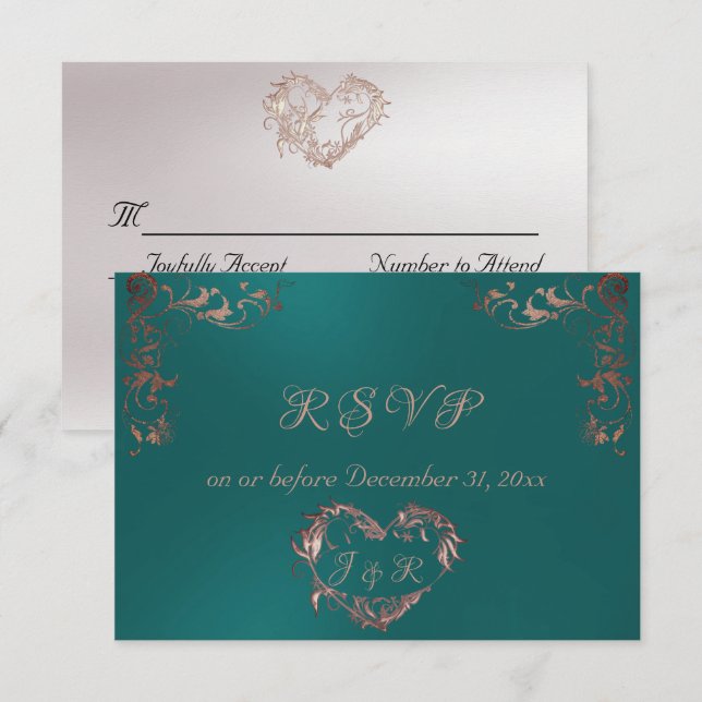 Ornate Frame & Heart - Teal/Rose Gold OSA Kort (Fram/baksida)