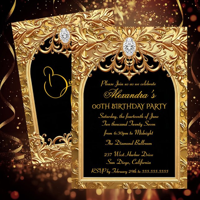 Ornate Gold Black Elegant Birthday Party Diamonds Inbjudningar (Skapare uppladdad)
