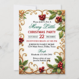 Ornate Gold Border with Holly Christmas Party Inbjudningar