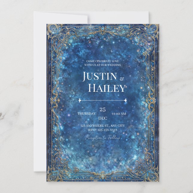 Ornate Gold Celestial Galaxy Wedding Inbjudningar (Framsida)