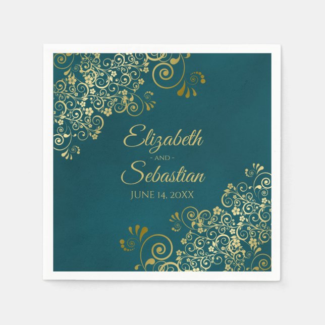 Ornate Gold Filigree Elegant Dark Teal Wedding Pappersservett (Framsidan)