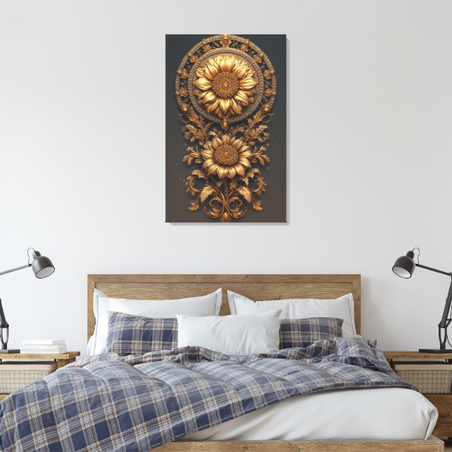 Ornate Gold Frame With Large Metallic Flower Medal Canvastryck (Insitu (sovrum))