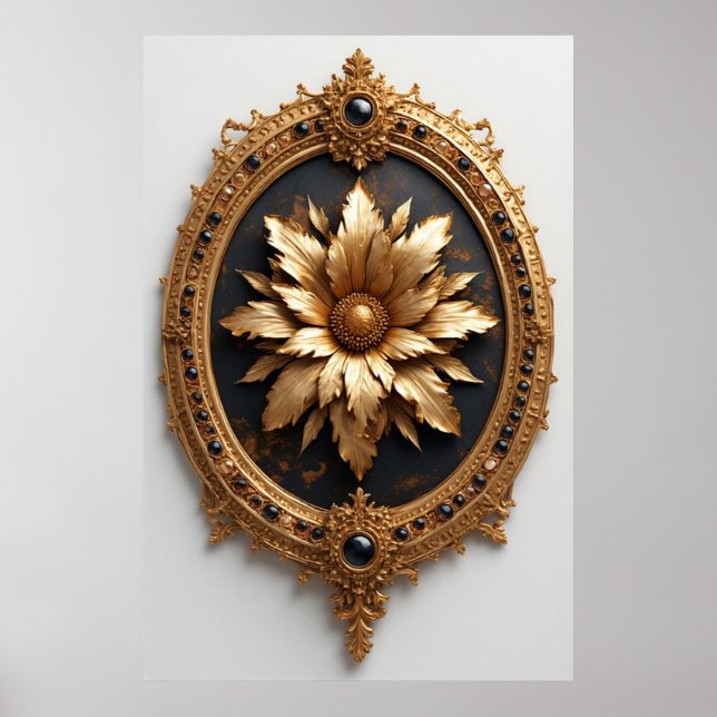 Ornate Gold Frame With Large Metallic Flower Medal Poster (Framsidan)
