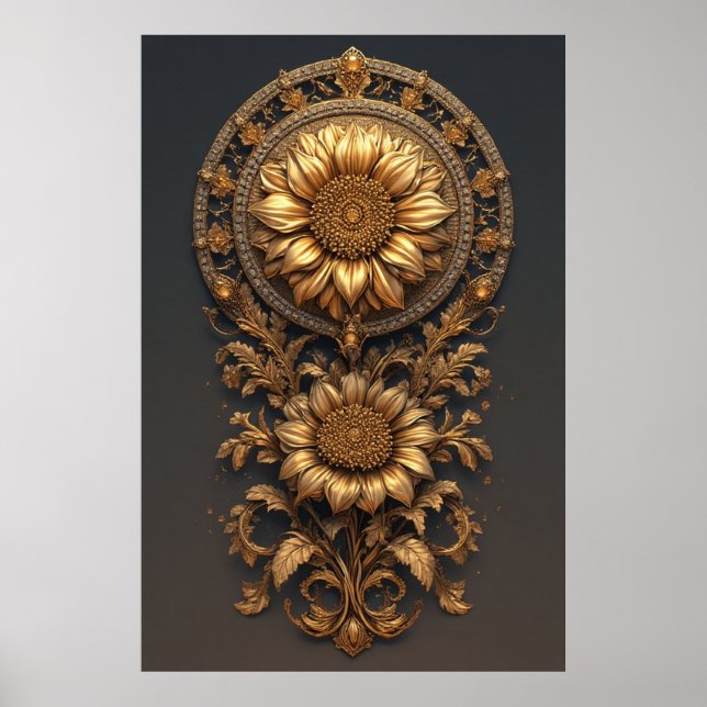 Ornate Gold Frame With Large Metallic Flower Medal Poster (Framsidan)