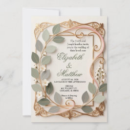 Ornate Gold Scrollwork Pink Botanical Wedding Inbjudningar