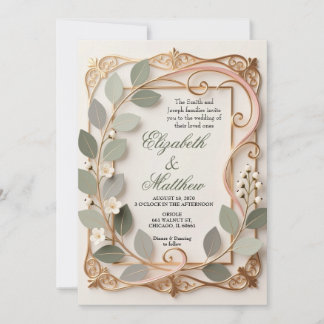 Ornate Gold Scrollwork Pink Botanical Wedding  Inbjudningar