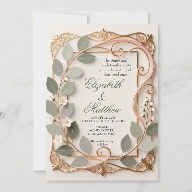 Ornate Gold Scrollwork Pink Botanical Wedding  Inbjudningar (Framsida)