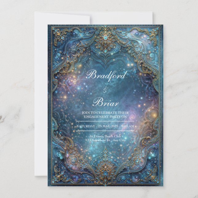 Ornate Gold Teal Celestial Galaxy Frame Wedding Inbjudningar (Framsida)