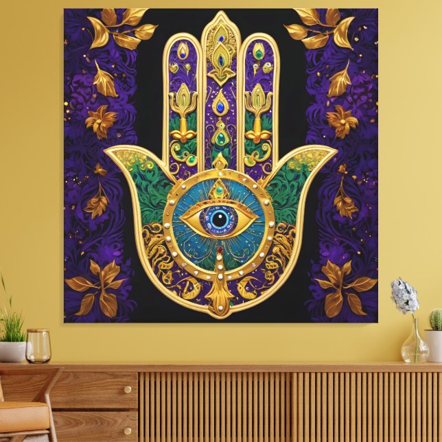  Ornate Gold Third Eye Hamsa Canvastryck (Insitu (Vardagsrum))