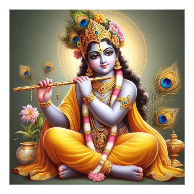 Ornate Golden Serene Krishna Flute Art Fototryck (Framsidan)