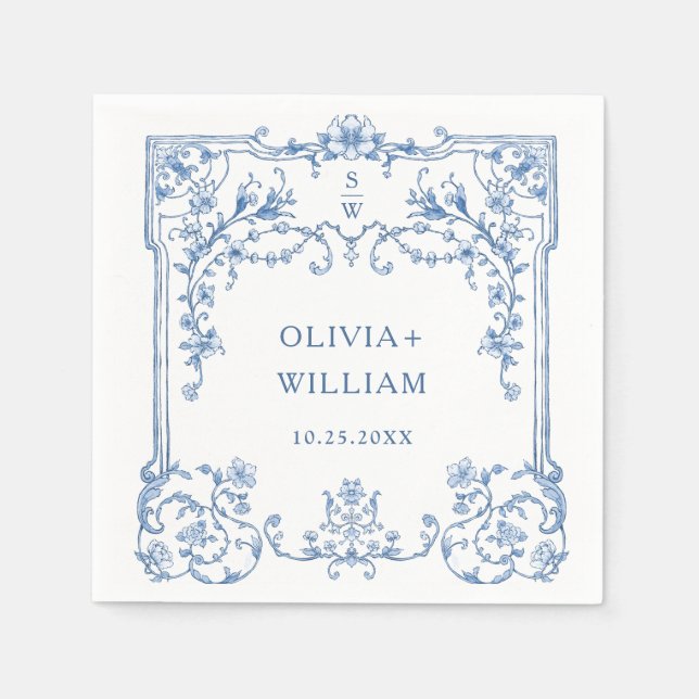 Ornate Grace Victorian Blommigt Blåa blommor Bröll Pappersservett (Framsidan)