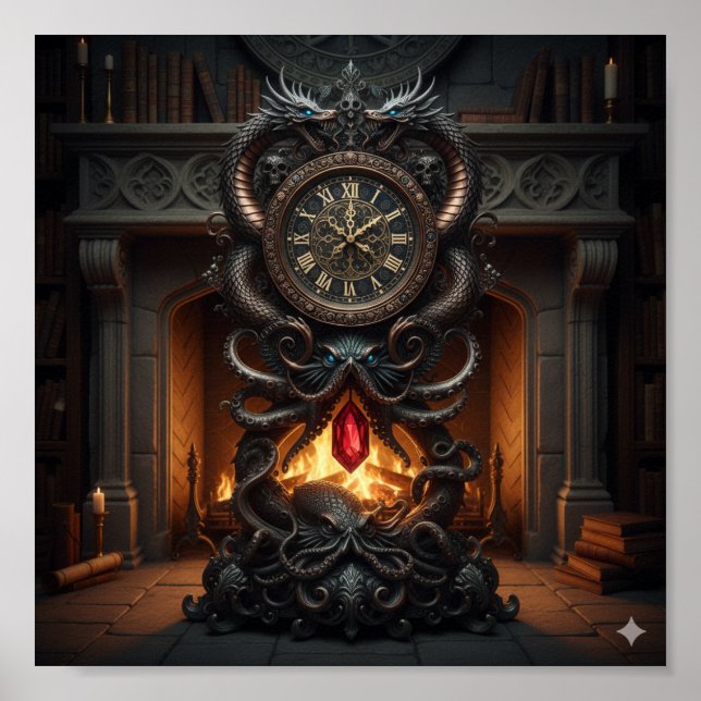 Ornate Grandfather Clock - Dragon & Octopus Design Poster (Framsidan)
