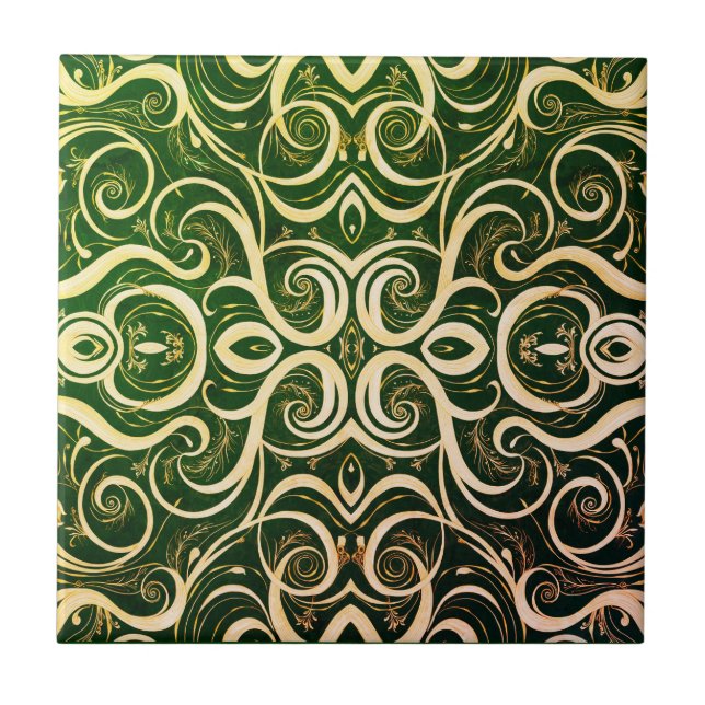 Ornate Green and Gold Tile Design Kakelplatta (Framsidan)
