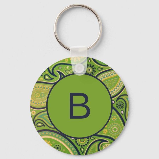 Ornate Green Paisley Pattern Monogram Nyckelring (Framsida)