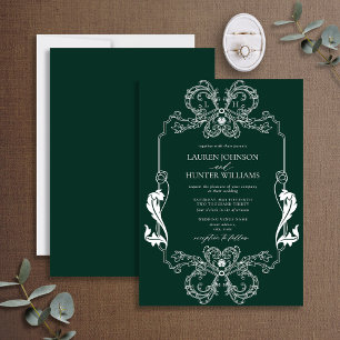 Ornate Grönt Blommigt Line Art Monogram Bröllop Inbjudningar