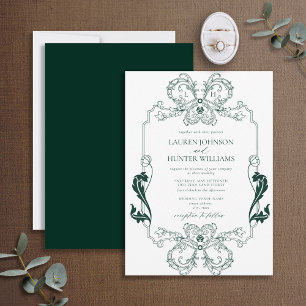 Ornate Grönt Blommigt Line Art Monogram Bröllop Inbjudningar