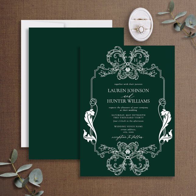 Ornate Grönt Blommigt Line Art Monogram Bröllop Inbjudningar (Skapare uppladdad)