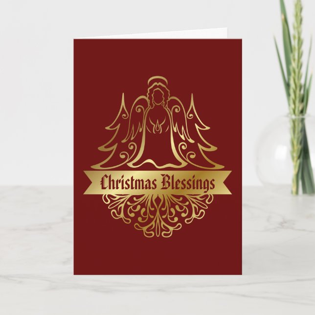 Ornate Guld Angel jul Blessings Red Helgkort (Framsida)