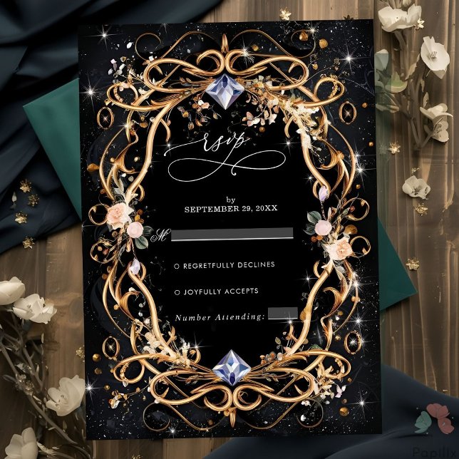 Ornate Guld och Diamonds Black Bröllop OSA Kort (Skapare uppladdad)
