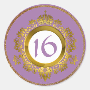 Ornate Guld och Violet Sweet 16 Birthday Stickers Runt Klistermärke